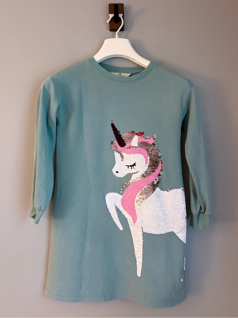 H&M Girls Sage Green Flip Sequin Unicorn Sweatshirt Dress Sz 8-10Y
